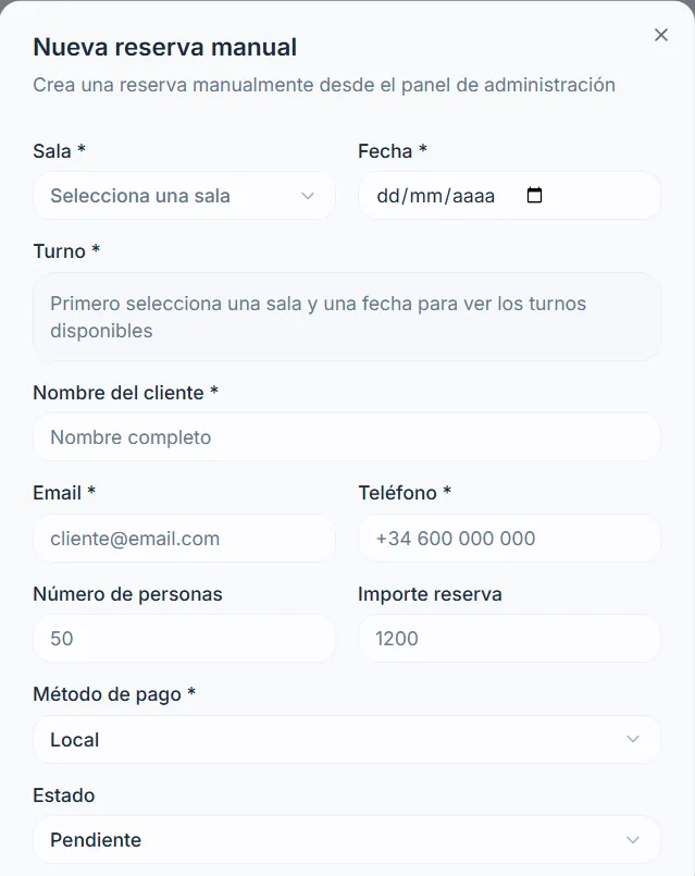 Formulario de nueva reserva manual: sala, fecha, turno, cliente, número de personas, importe, método de pago y estado.