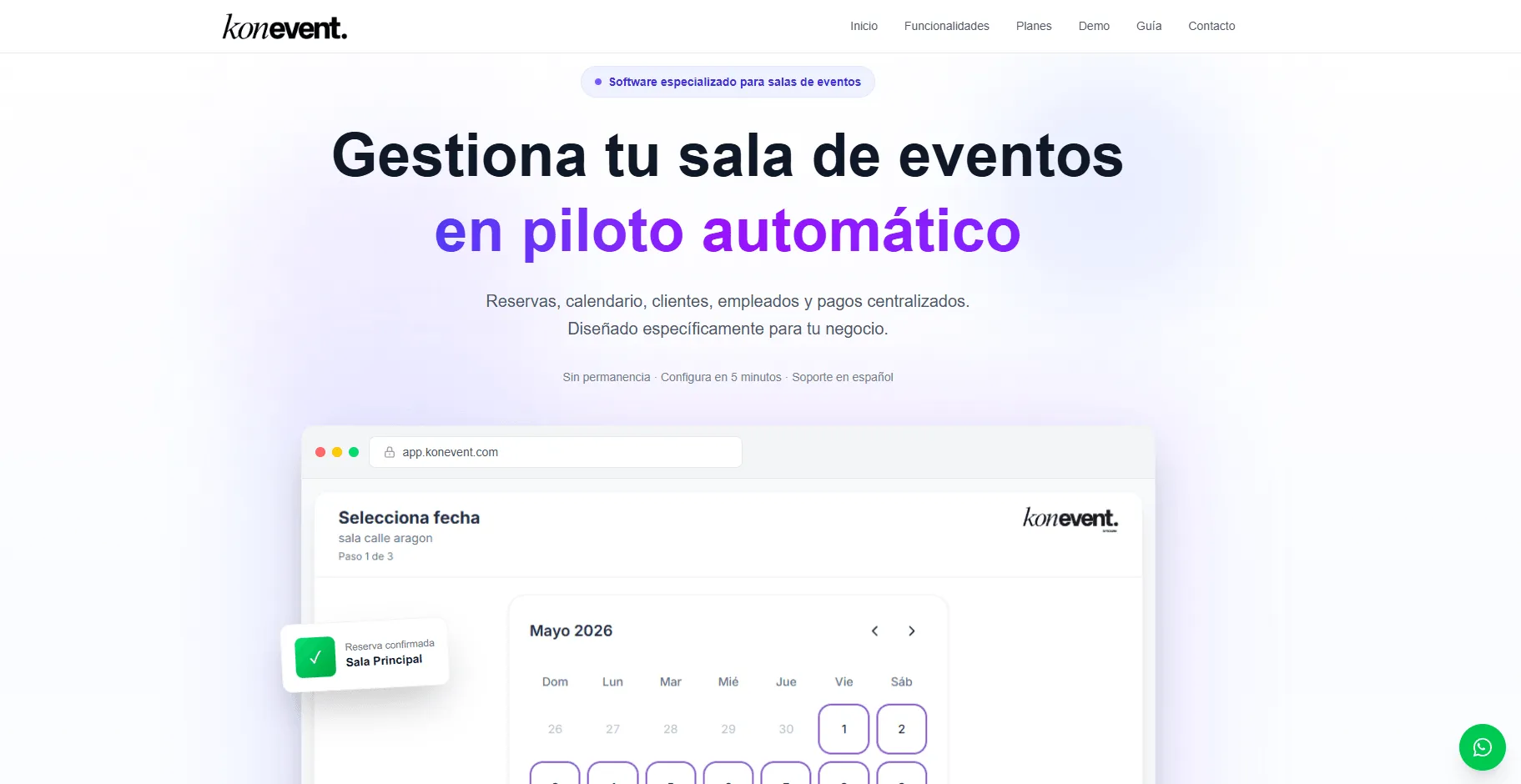 Portada de konevent.com: el producto de reservas para salas de eventos, con el calendario de disponibilidad debajo del titular.