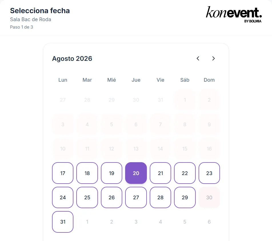 Widget público de reserva: el cliente final elige día en el calendario de disponibilidad de la sala.