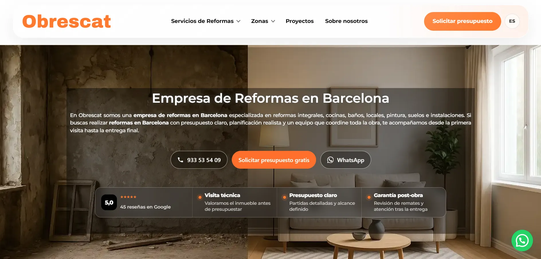 Portada de Obrescat: la empresa de reformas en Barcelona, con la petición de presupuesto y la valoración en Google.