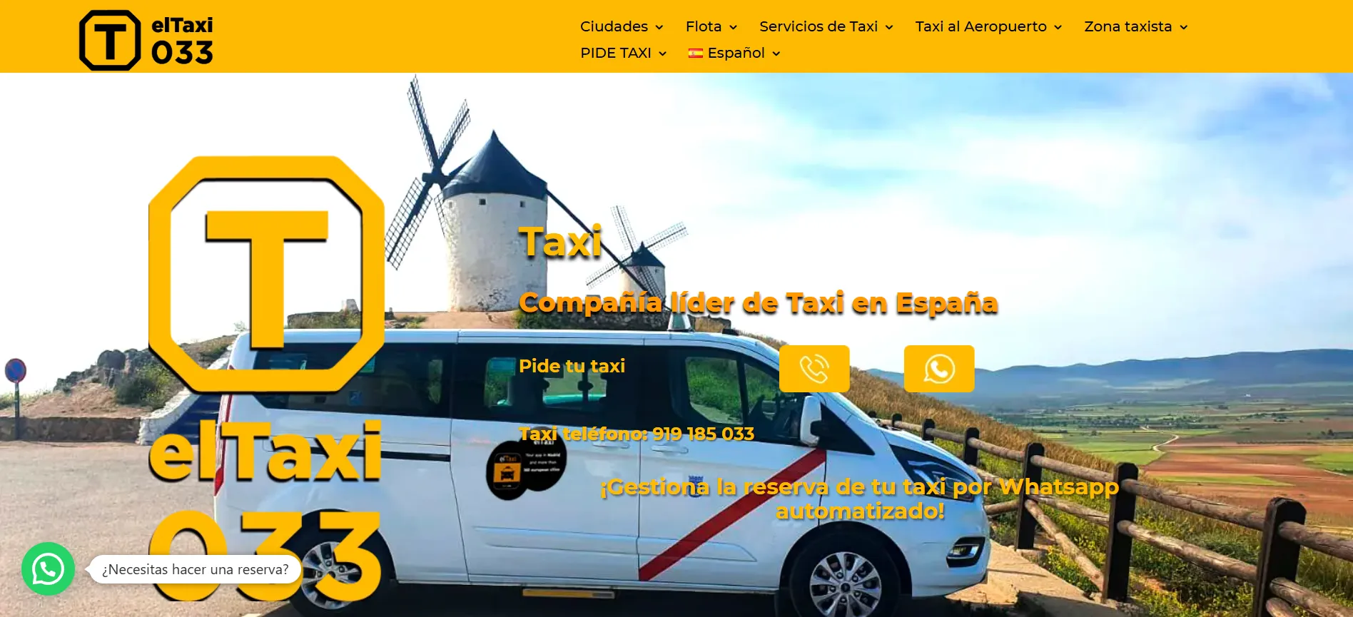 Portada de elTaxi033: la web pública desde la que se pide taxi, con el acceso por ciudades.